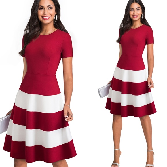 Dresses & Skirts - 1950s Retro Contrast Color Crew Neck Striped Skirt